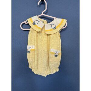 Vintage good kidz sunsuit with sailboat embroidery yellow seersucker size 3-6 M